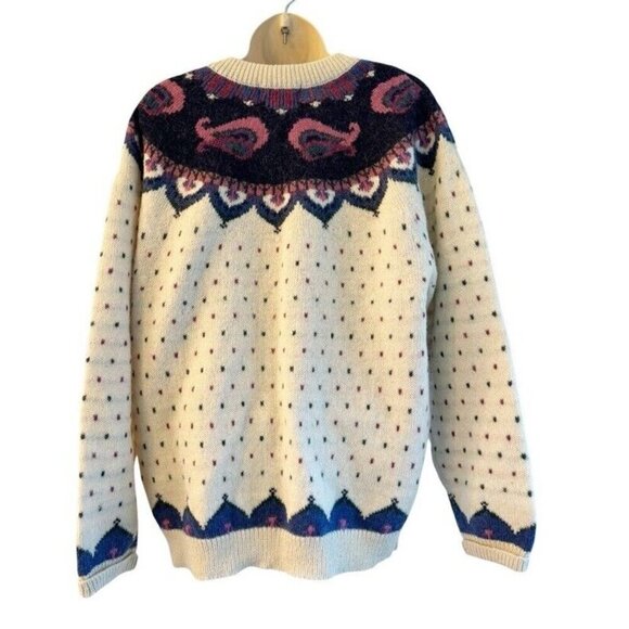 Vintage Woolrich Woman's Sz L Cream Blue Paisley Wool Blend Button Cardigan - Picture 3 of 11
